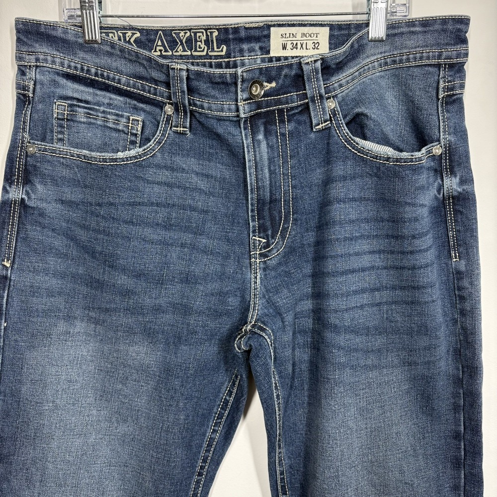 TK Axel Mens Slim Bootcut Jeans Size 38x31* Blue Medium Wash Distressed‎ Denim - Picture 6 of 15